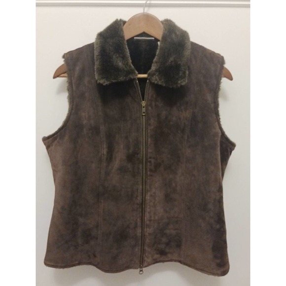 Women's M Genuine Brown Leather Full Zip Vest Polyester Lining Madison Studio - Picture 1 of 9